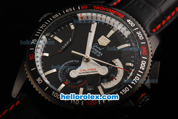 Tag Heuer Grand Carrera Calibre 36 Chronograph Miyota Quartz Movement PVD Case with Black Dial and Silver Stick Markers-Black Leather Strap - Click Image to Close